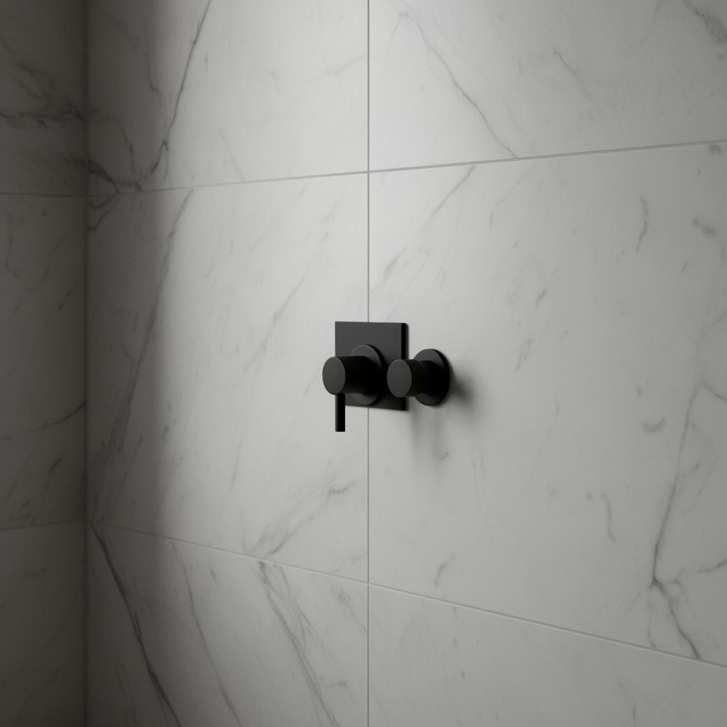 Detal armatury premium na płytkach marmurowych Carrara — LOFTBAU Kraków